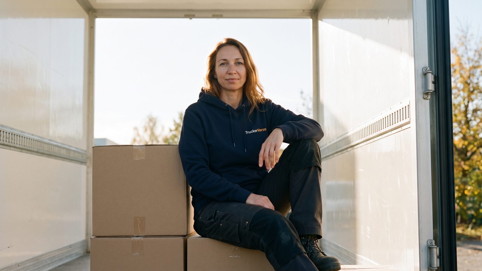 AI image of Lena from TruckerVerse: she sits on boxes in a trailer with the rear doors open, wearing a dark blue hoodie with the TruckerVerse logo.